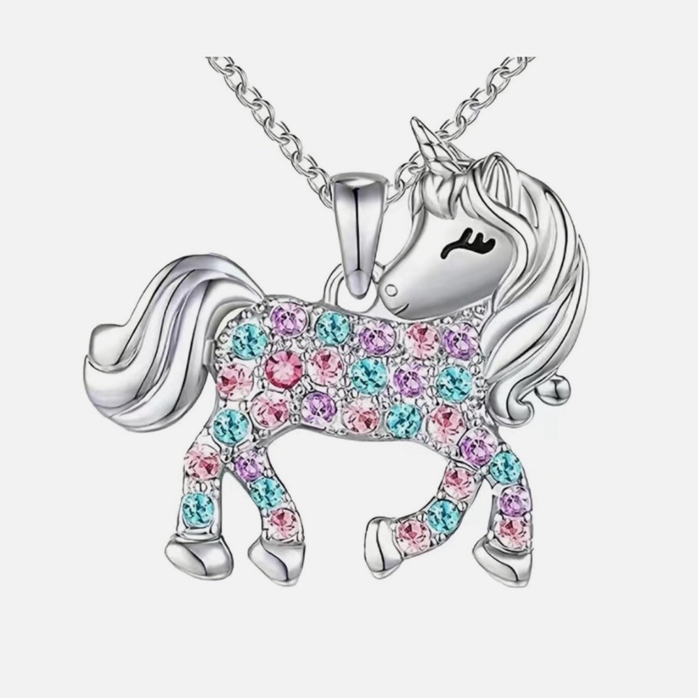 Silver Rhinestone Unicorn Pendant Necklace